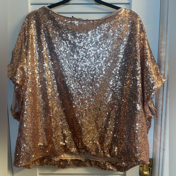 New York & Company Rose Gold Sequined Short Sleeve Balloon Hem Blouse XXL - Picture 4 of 7